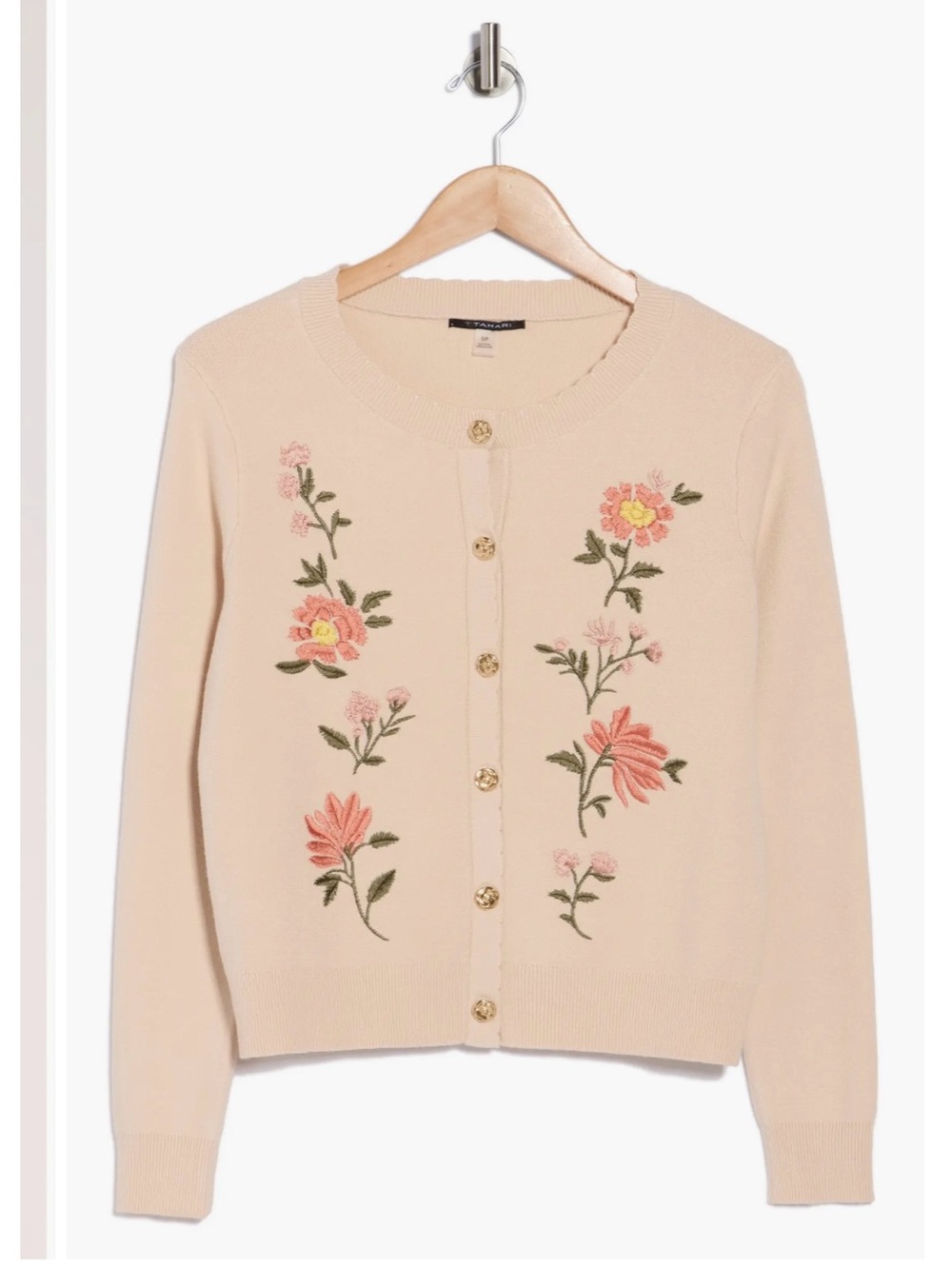 T Tahari Cream Cardigan with Pink and Coral Floral Embroidery